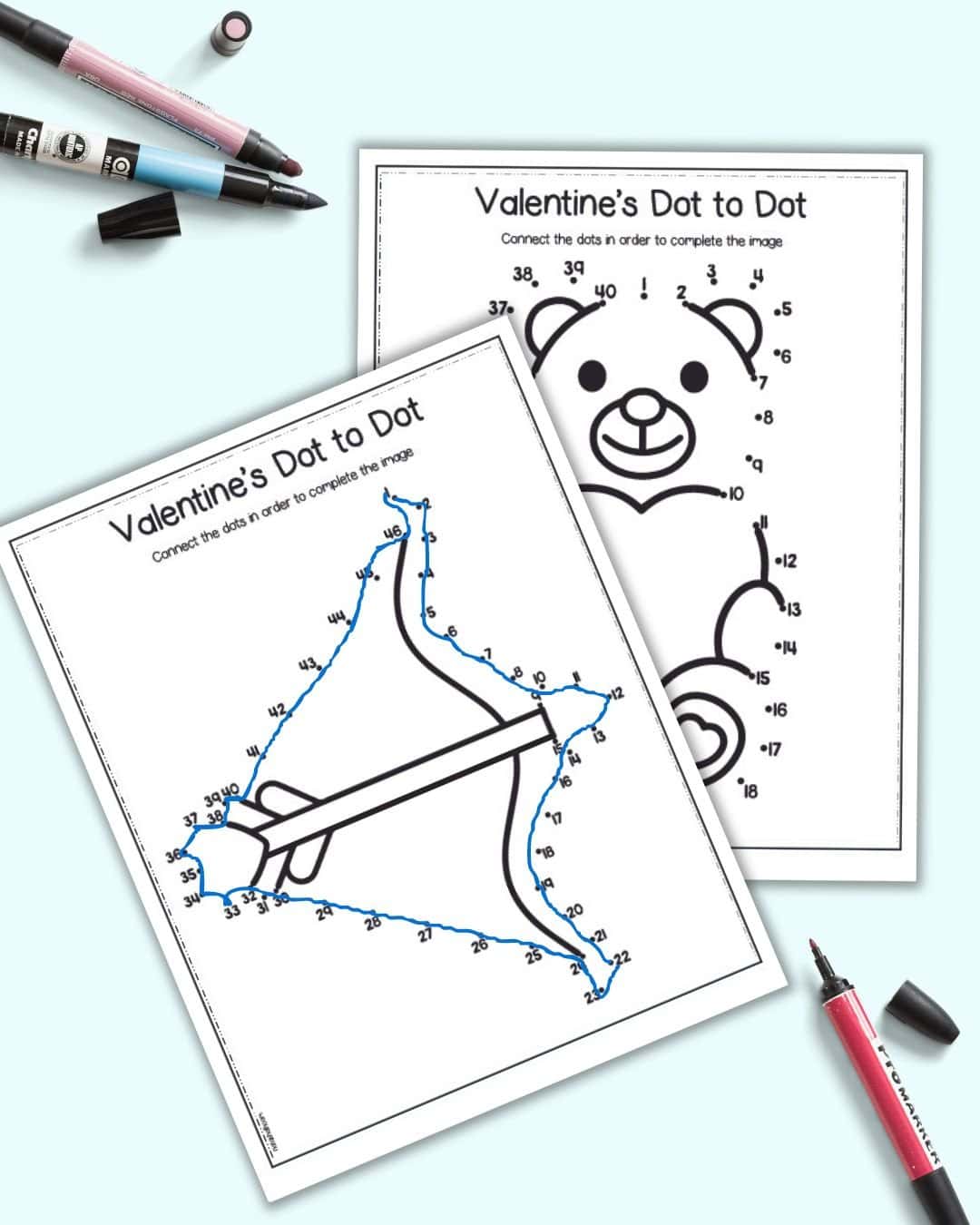 A preview of two Valentine's themed connect the dots worksheets. One is completed and shows a bow and arrow. A teddy bear holding a heart is on a second page behind the completed one.