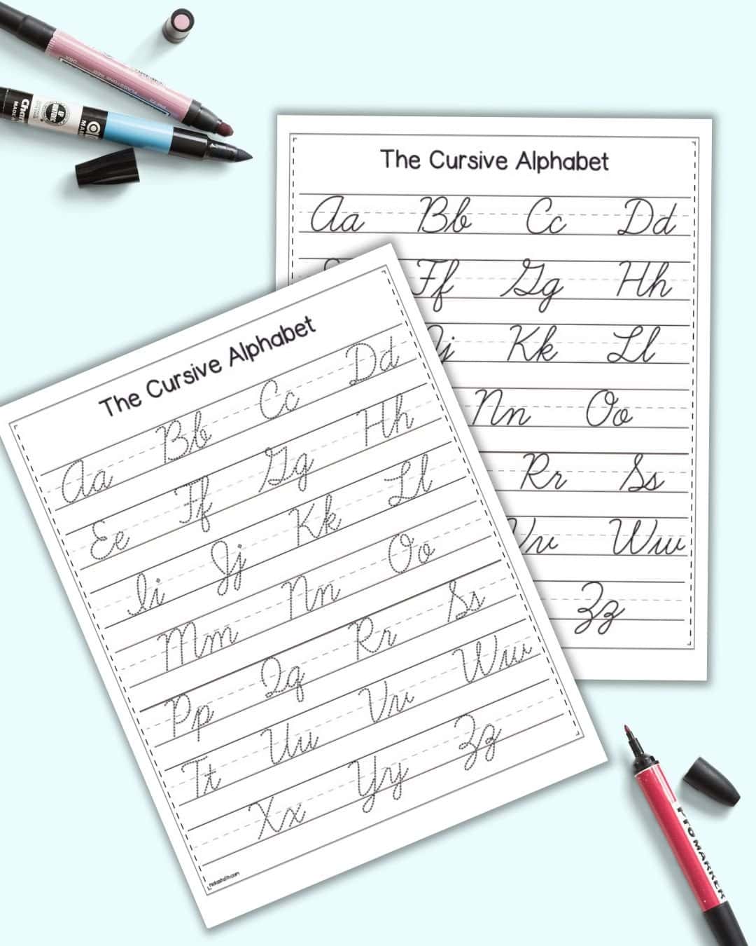 A preview of two printable pages whiting the cursive alphabet 