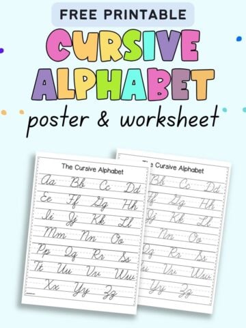 Text "Free printable cursive alphabet poster & worksheet" with a preview of two printable cursive alphabet pages