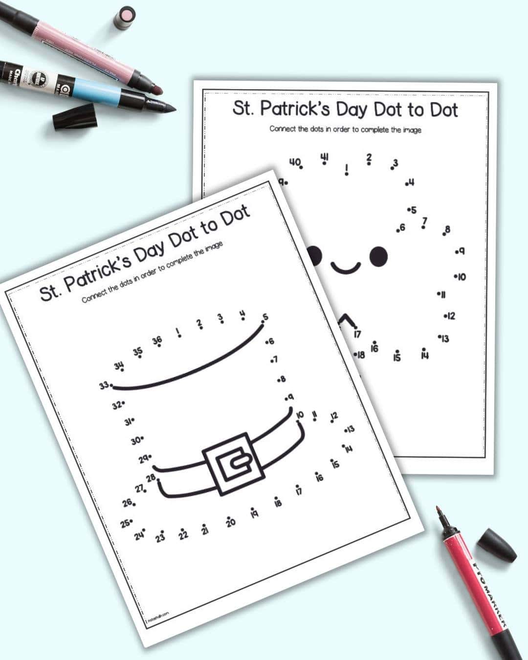 A preview of two St. Patrick's Day themed dot to dot pages. One has as hat and the other a shamrock
