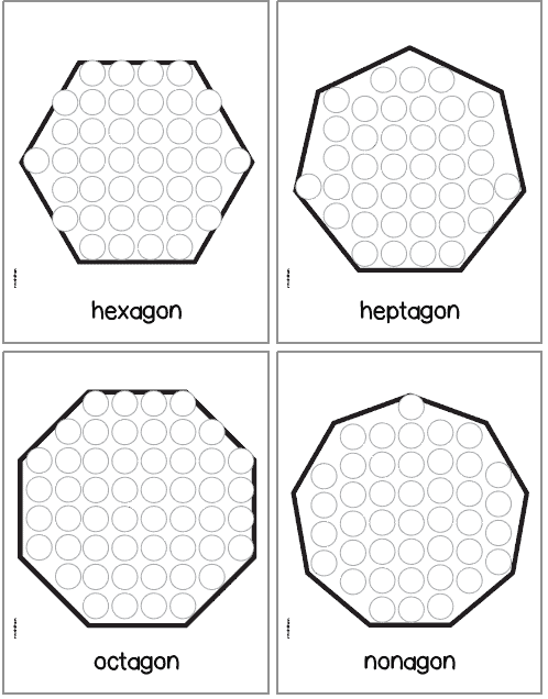 Four dot marker pages with 2d shapes: hexagon, heptagon, octagon, and nonagon.