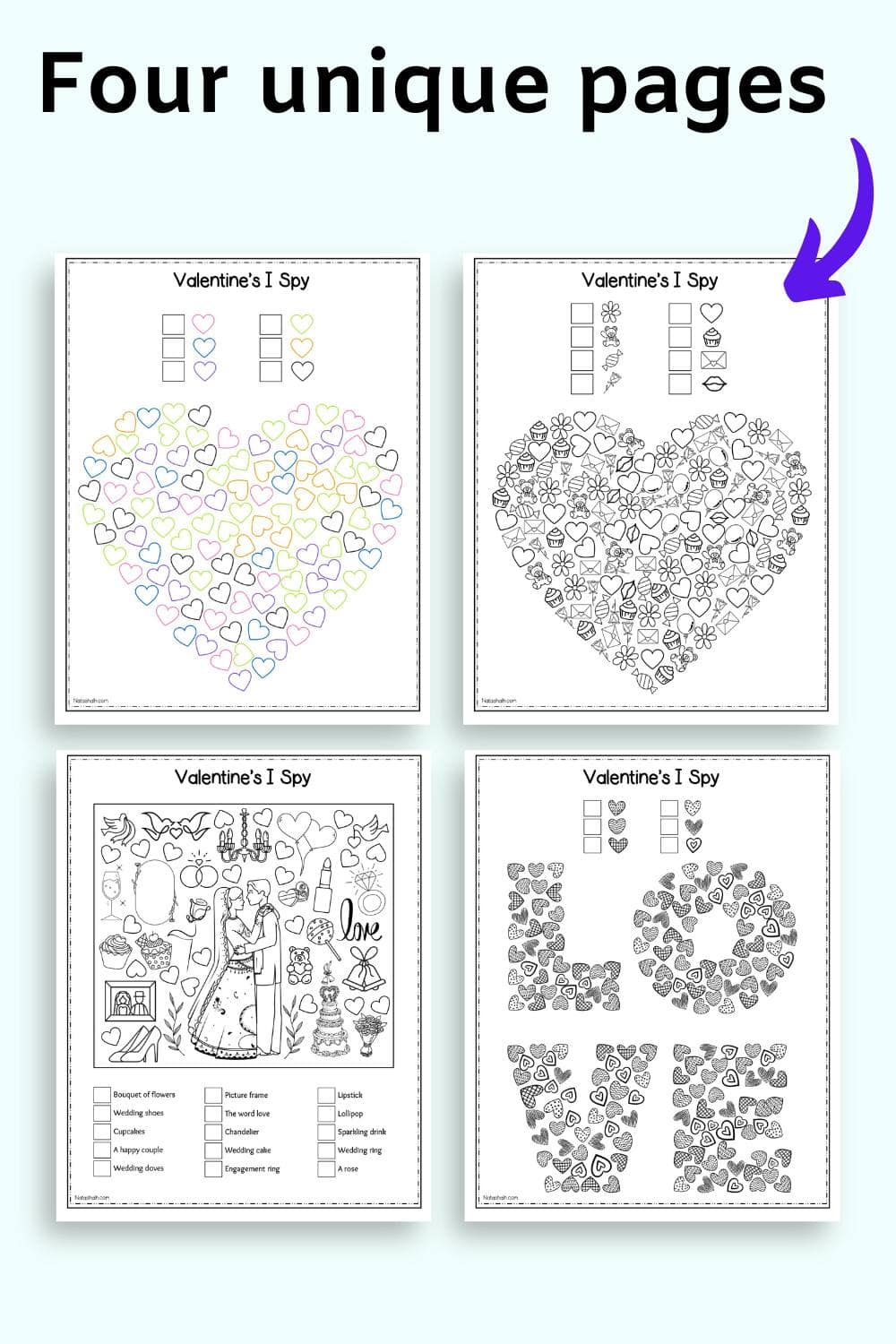 Text "four unique pages" and an arrow pointing at four pages of I Spy printable with a Valentines' Day theme