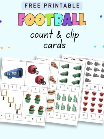 A preview of three sheets of printable count and clip card with a football theme and numbers 1-12
