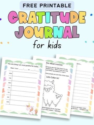 Text "free printable gratitude journal for kids" with a preview of three journal pages