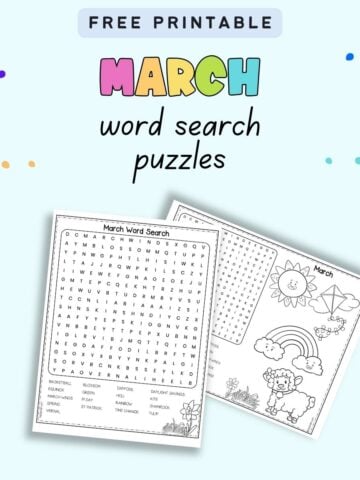 Text "free printable March word search puzzles" with a preview of two word search puzzles for March. One is in landscape orientation and the other in portrait.