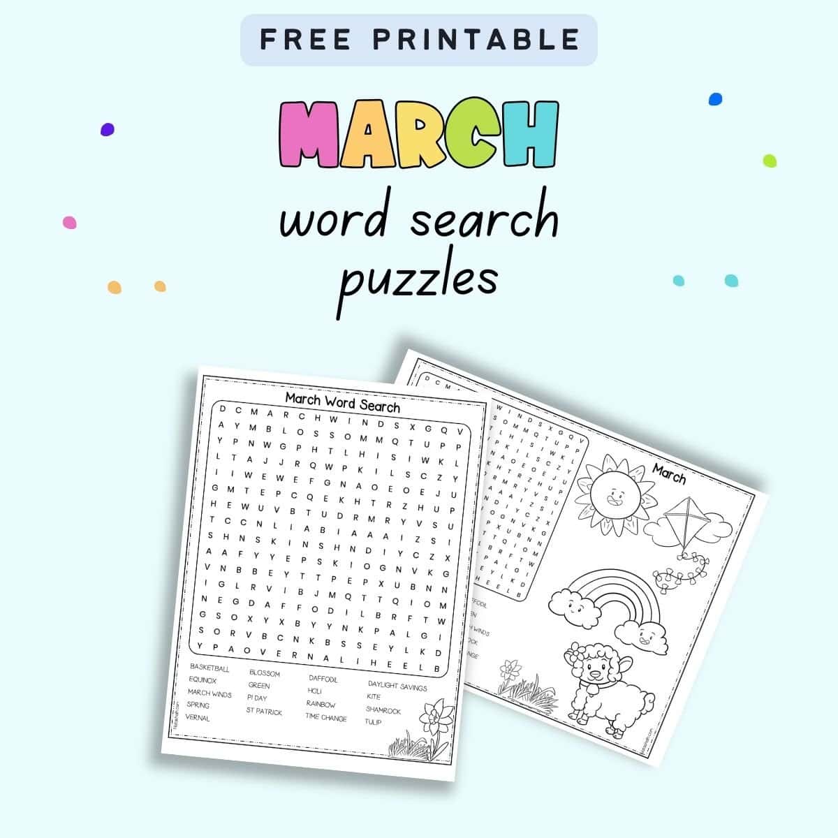 Text "free printable March word search puzzles" with a preview of two word search puzzles for March. One is in landscape orientation and the other in portrait.