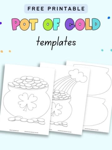 Text "free printable pot of gold templates" with a preview of three printable templates