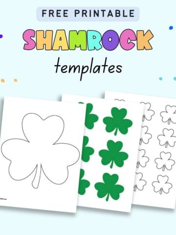 Text "free printable shamrock templates" with a preview of three pages of shamrock printable template