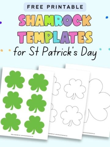 Text "free printable shamrock templates for st patrick's day" with a preview of three pages of printable shamrock template