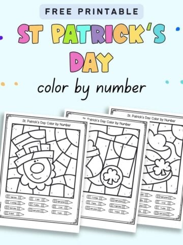 Text "free printable St Patrick's Day color by number with a preview of three color by number sheets