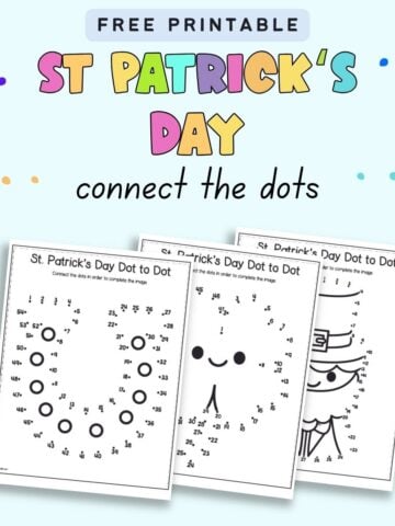 Text "free printable St Patrick's Day connect the dots" with an image of three dot to dot images