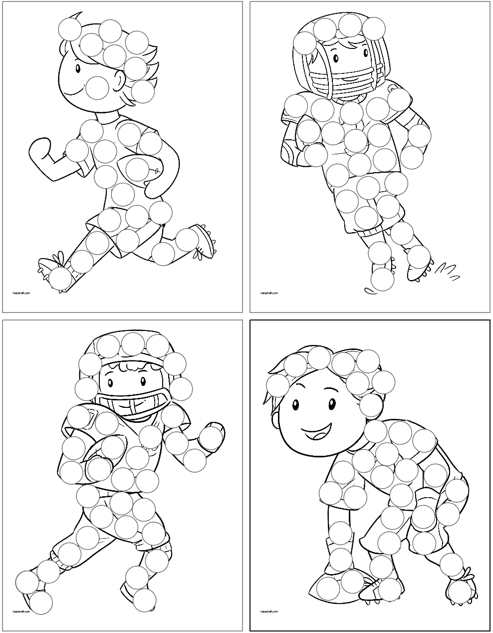 four dot marker pages showing kids playing football