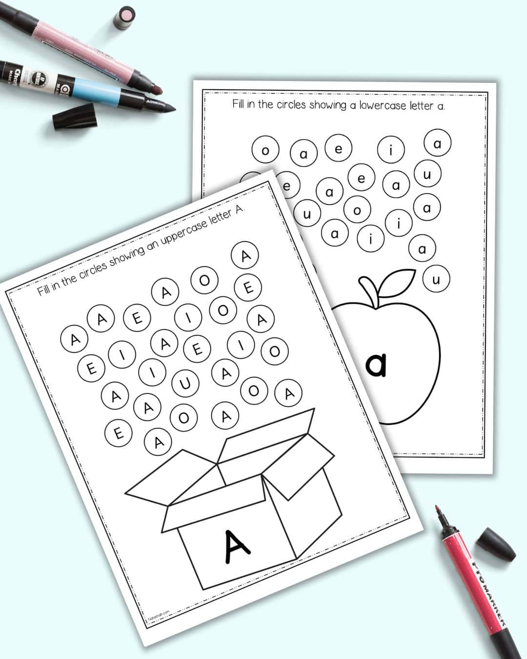 A preview of two letter a dot marker worksheets.