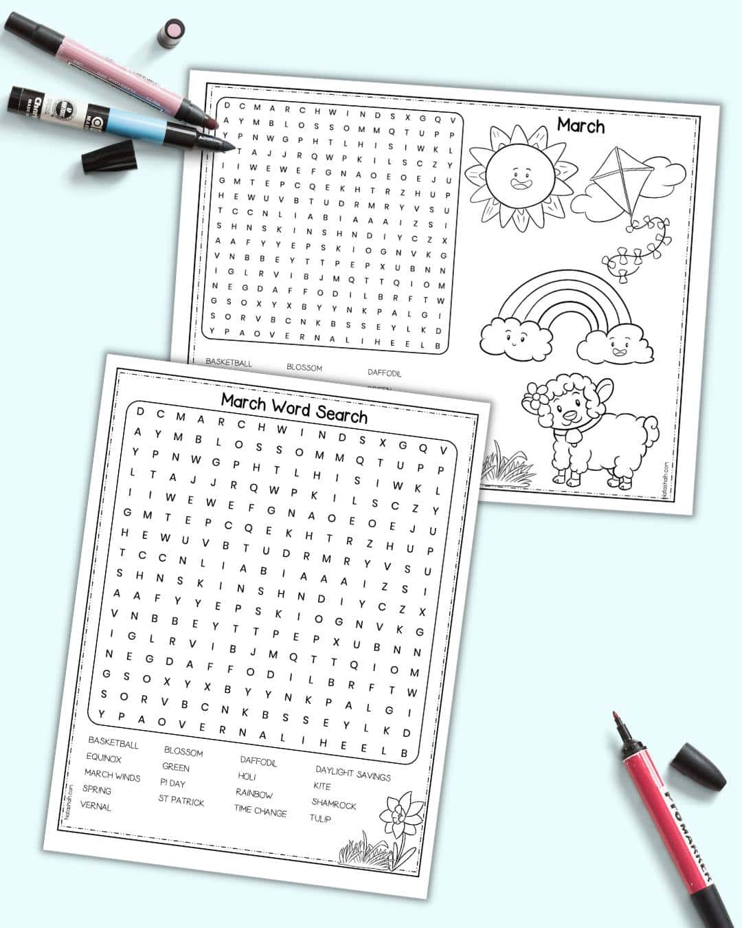 A review of two pages of March word search puzzle. One is in portrait orientation and the other in landscape.