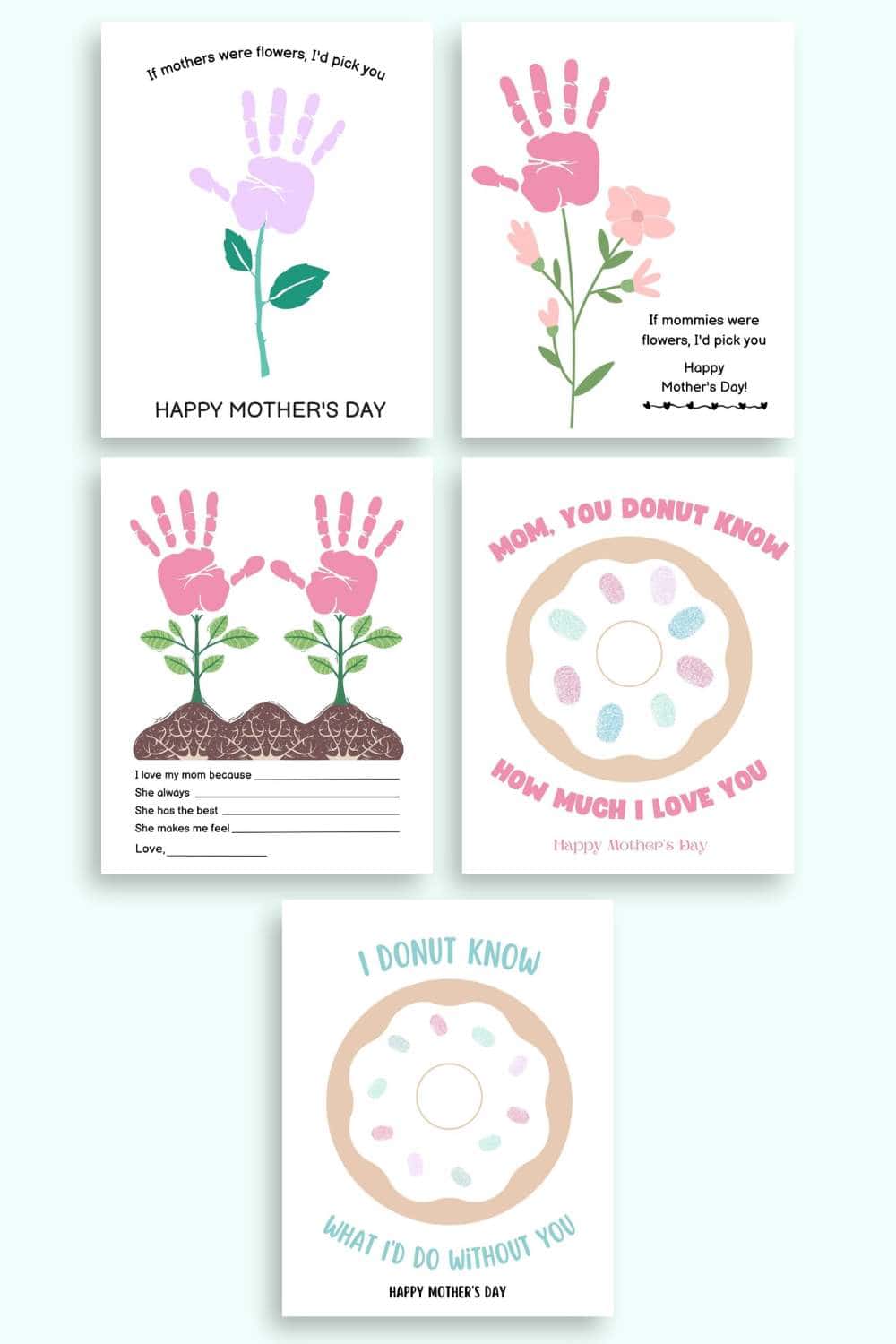 Mockups of three printable MOther's Day craft templates and two craft pages that use thumbprints 