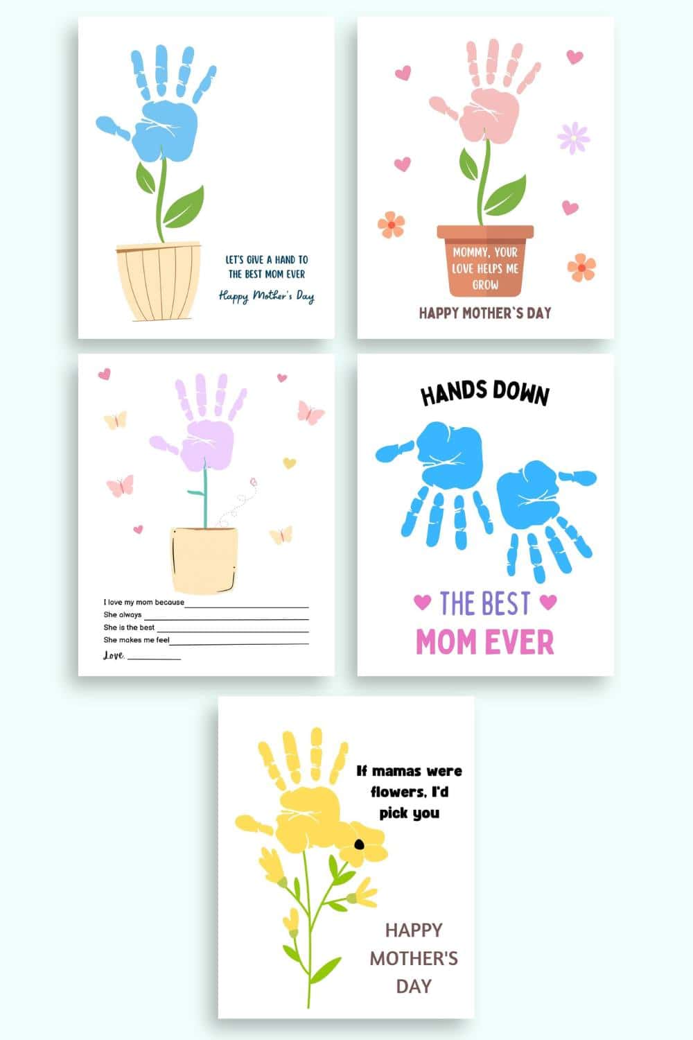 Mockups of five printable MOther's Day craft templates 