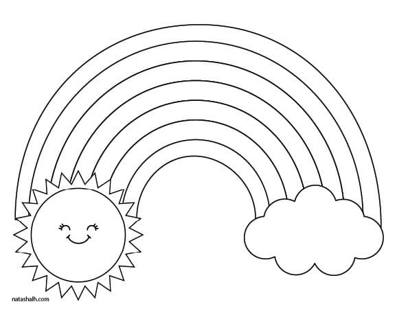 Large rainbow coloring page with a sun and a cloud