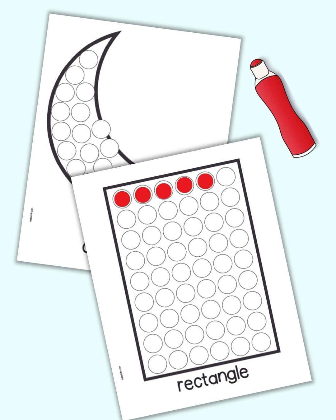 A preview of two dot marker shape printables showing a rectangle and a crescent