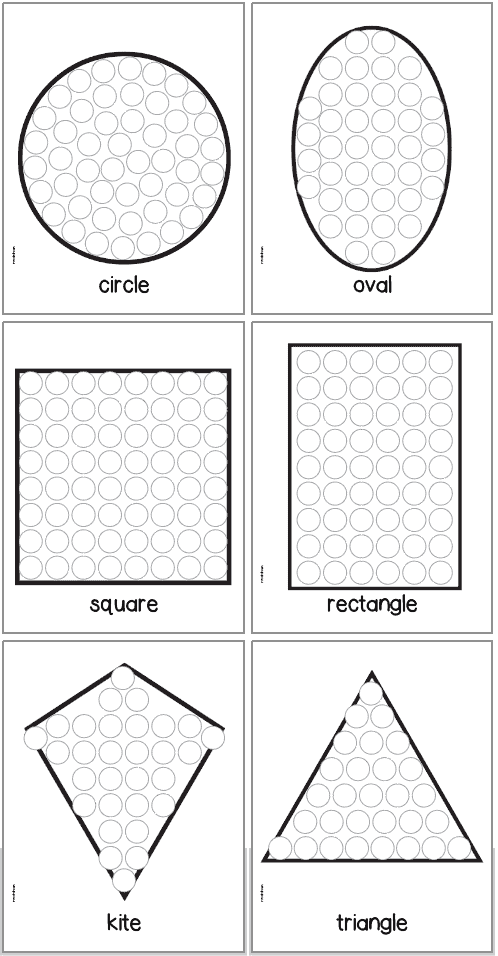 Six dot marker pages with 2d shapes: circle, oval, square, rectangle, kite, and triangle