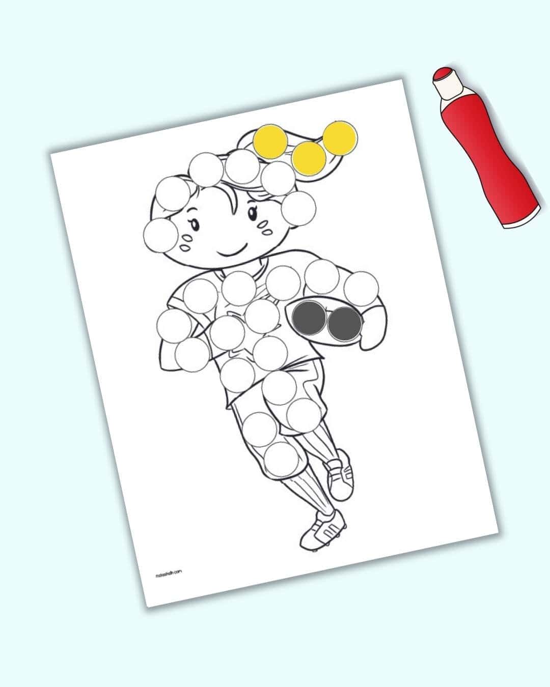 A mockup of a partially completed dot marker coloring page showing a girl running with a football