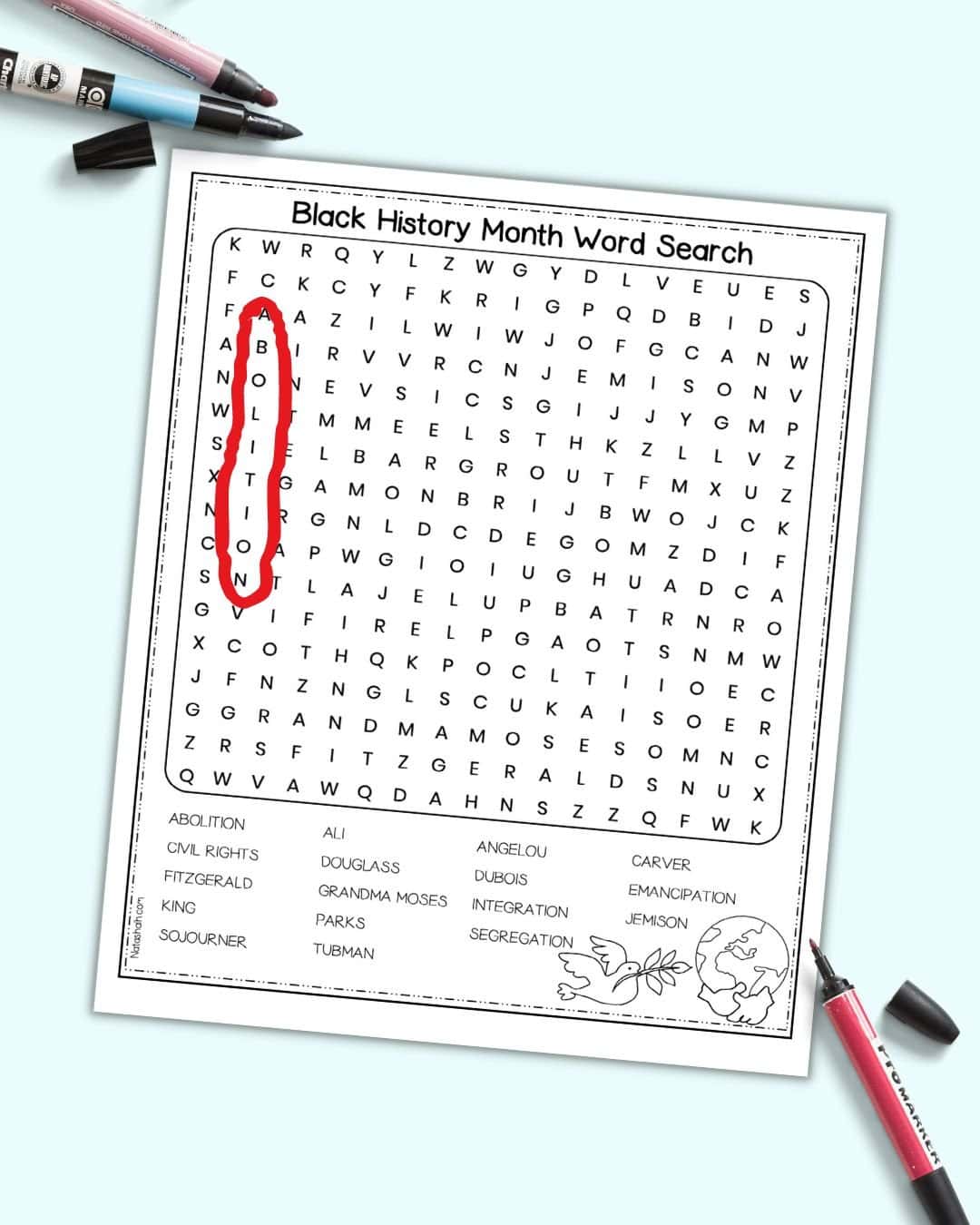 A partially completed black history month word search 