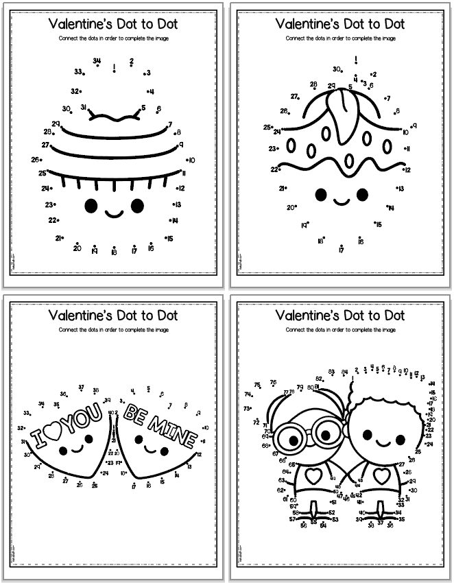 A preview of four Valentine's Day dot to dot worksheets for kindergartens. Images include: a cupcake, a strawberry, candy hearts, and friends holding hands