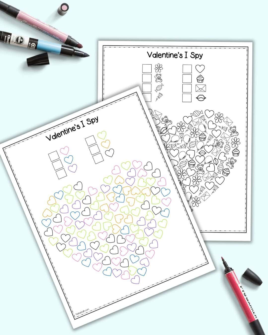 A preview of two printable Valentien's Day I spy pages with a heart made out of images to count