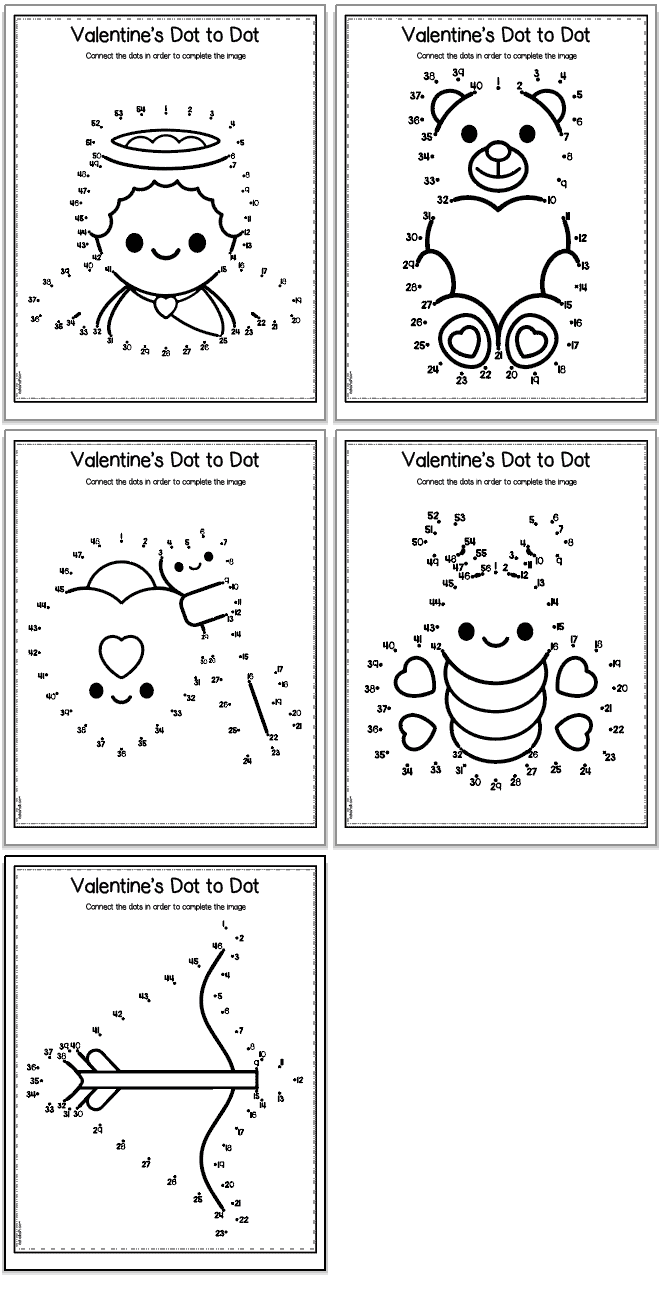 A preview of five Valentine's Day dot to dot worksheets for kindergartens. Images include: a cupid, a teddy bear, a lock and key, a bow and arrow, and a bee.