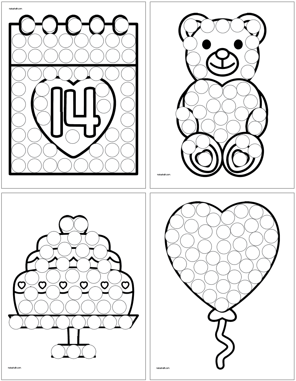 Four dot marker coloring pages for Valentine's Day including: a calendar, a teddy b ear with a heart, a cake, and a heart balloon