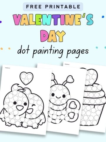 Text "free printable Valentine's Day dot painting pages" with a preview of three printable pages