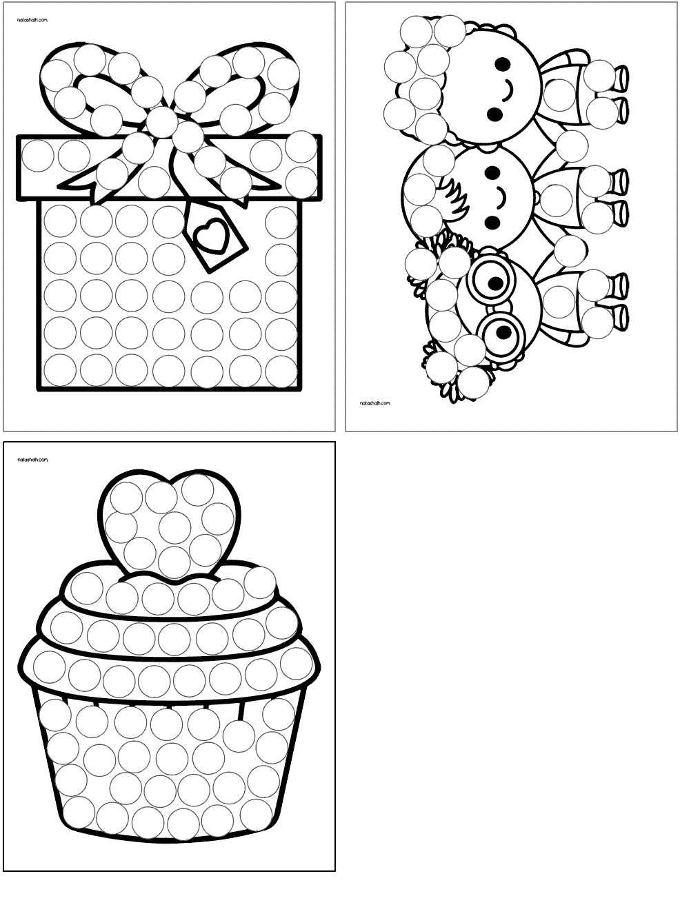 Three dot marker coloring pages for Valentine's Day including: a gift, three friends, and a cupcake