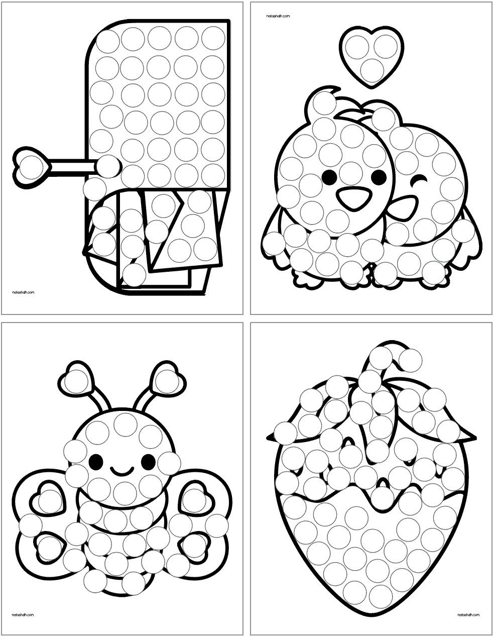 Four dot marker coloring pages for Valentine's Day including: a mailbox, lovebirds, a love bug, and a strawberry