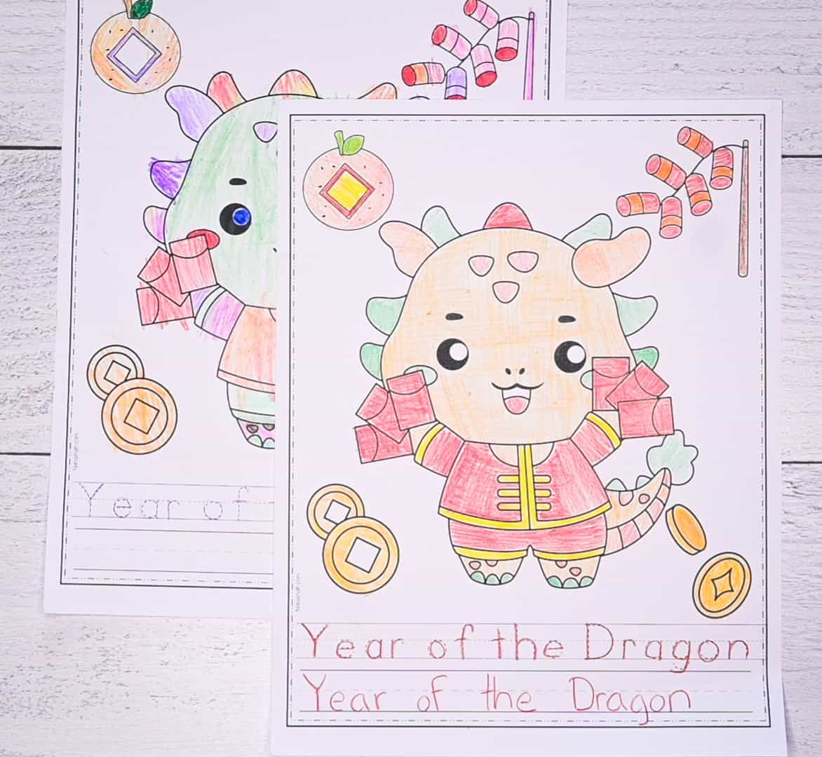 A top down photo of two completed year of the dragon worksheets for kindergarteners 