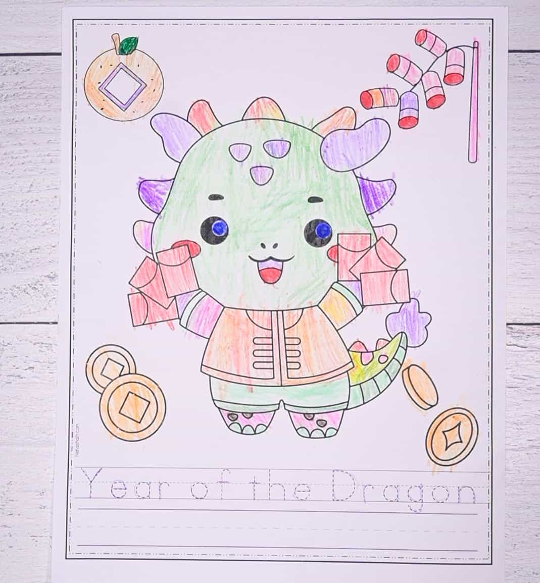 A colored Asian style dragon with traditional good luck items