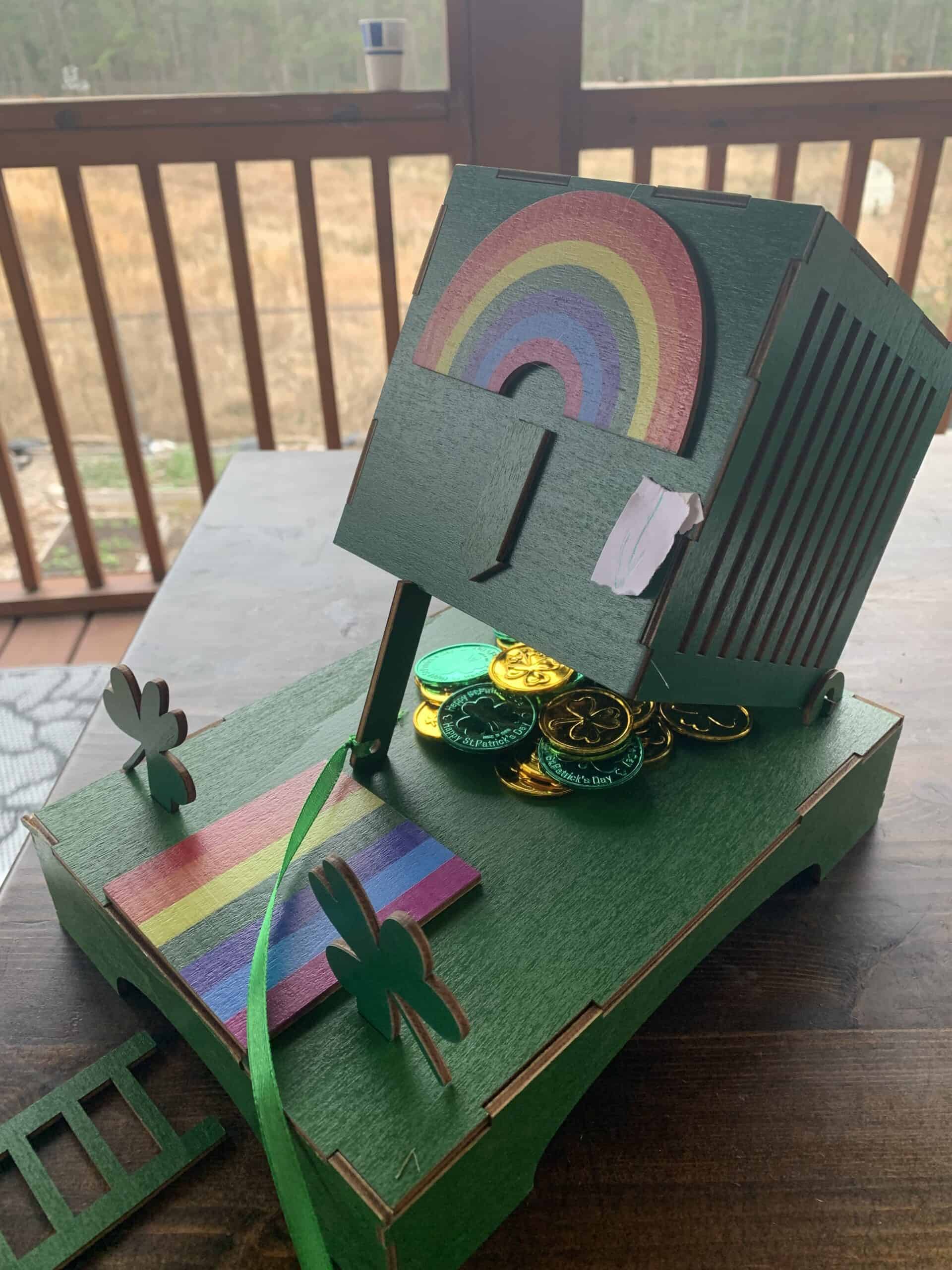 a child's leprechaun trap on a table on a screened in back porch
