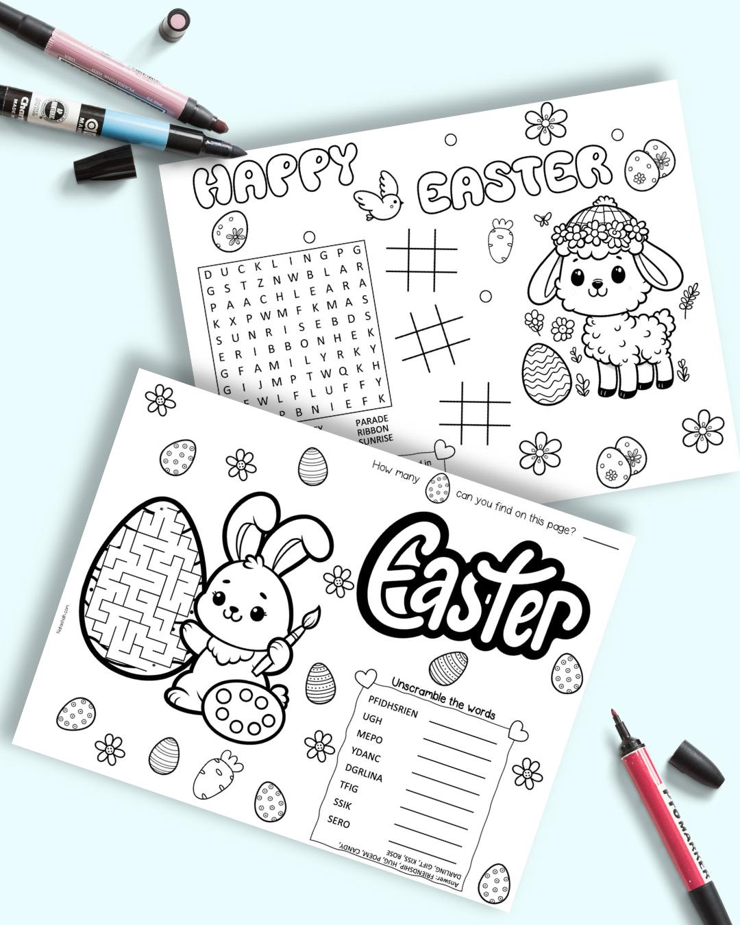 Two Easter placemat activity sheets with three colored markers