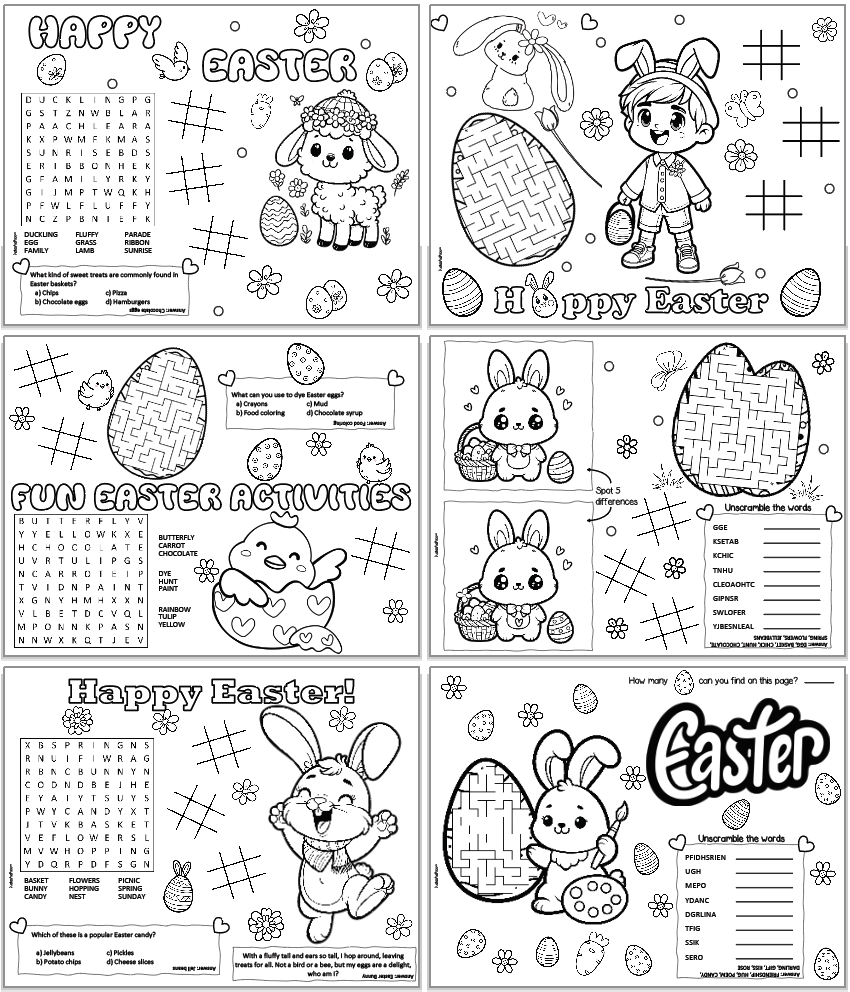 A preview of six pages of free printable activity placemats for kids with an Easter theme