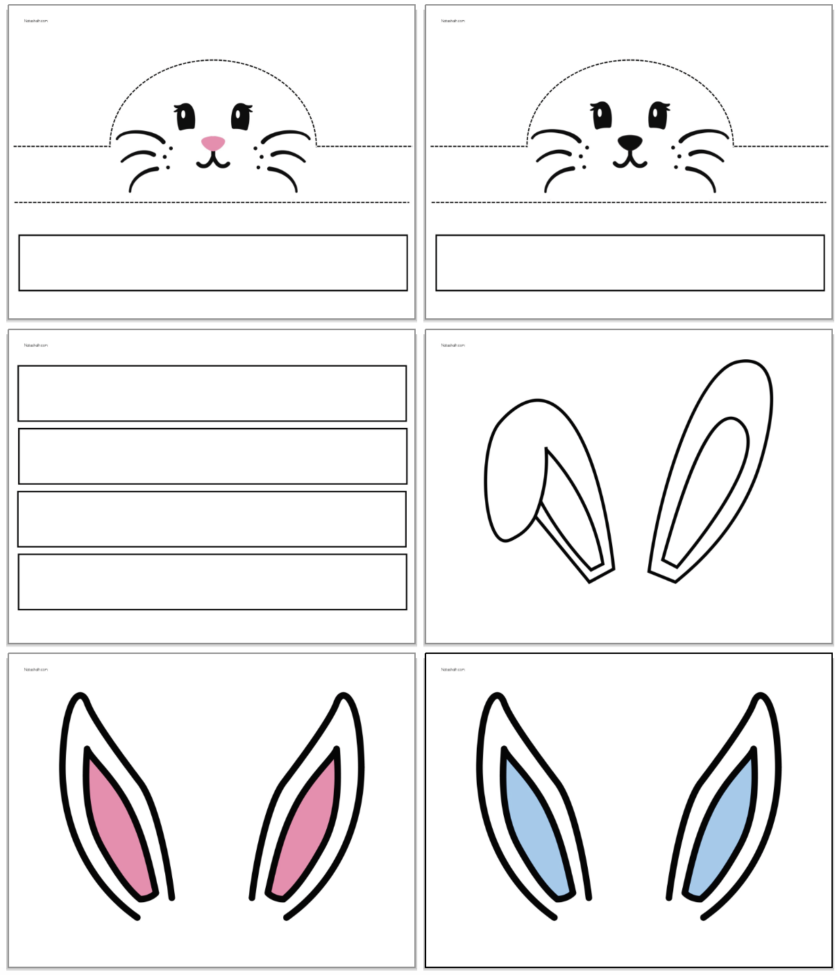 A preview of six pages from a printable Easter bunny headband craft including two faces, three ear options, and a sheet of extra bands