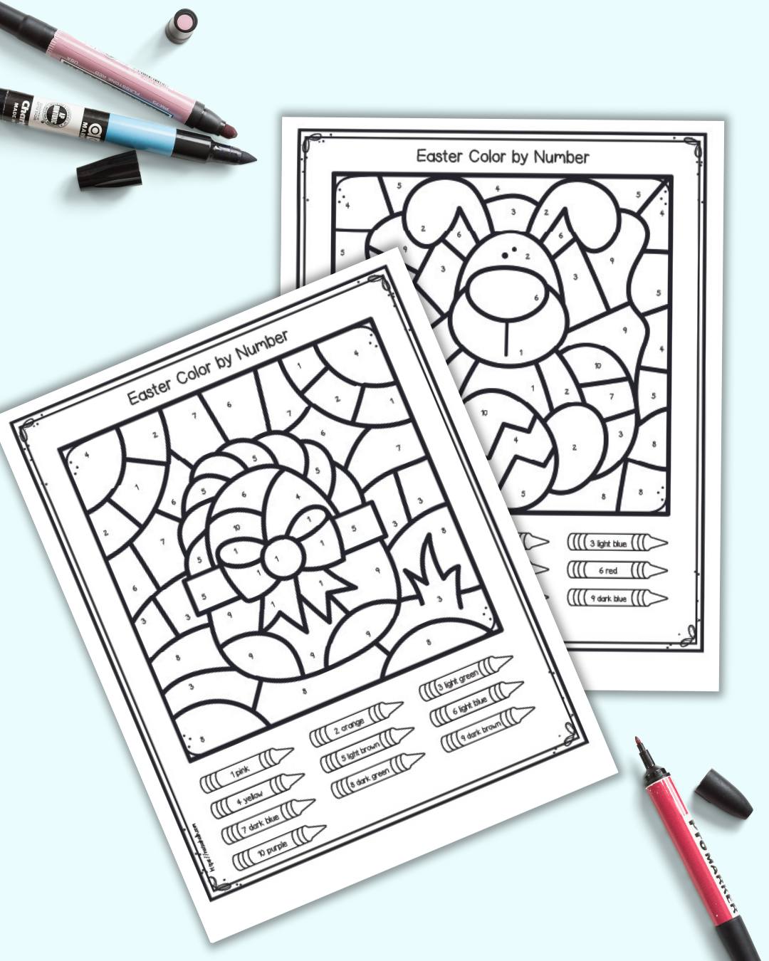 A preview of two pages of Easer color by number worksheets for kindergarteners 
