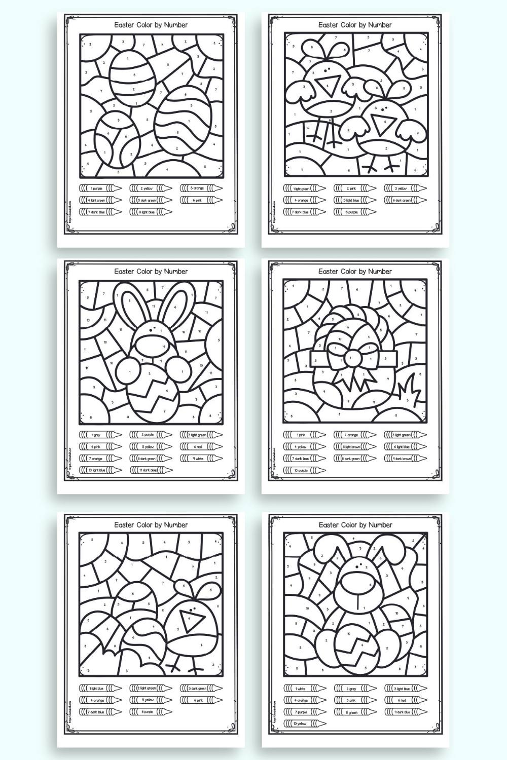 A preview of six pages of Easter color by number worksheets with numbers 1-11