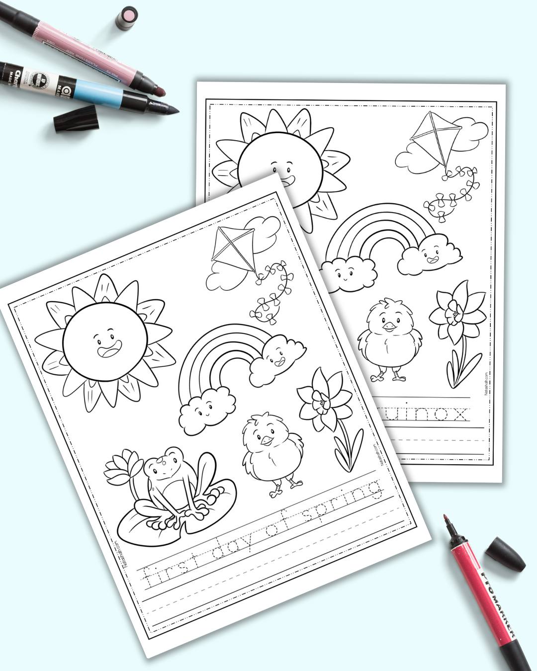 A preview of two pages of first day of spring worksheet. Both have words to trace, a blank line for free writing, and spring elements to color.