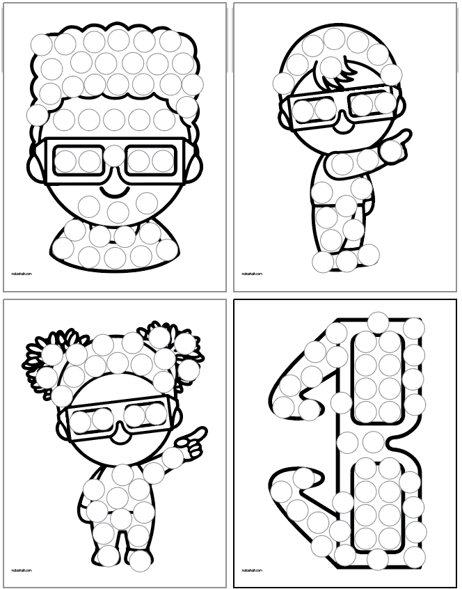 Four dot marker coloring pages. Three show kids wearing eclipse viewing glasses and one has a pair of eclipse glasses by itself.