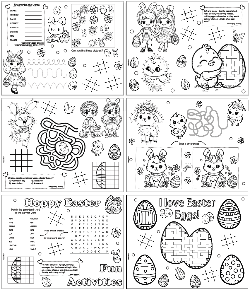 A preview of six pages of free printable activity placemats for kids with an Easter theme. Activities include mazes, tic tac toe, word scrambles, and more.