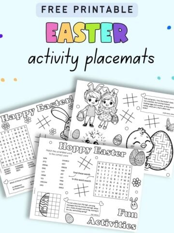 Text "free printable Easter activity placemats" with a preview of three placemat printables