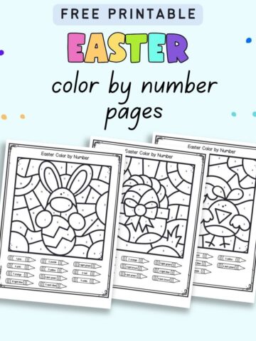 Text "Free printable Easter color by n number pages" with a preview of three sheets of color by number worksheets