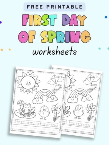 Text "free printable first day of spring worksheets" with a preview of two printable first day of spring worksheets with images to color and words to trace