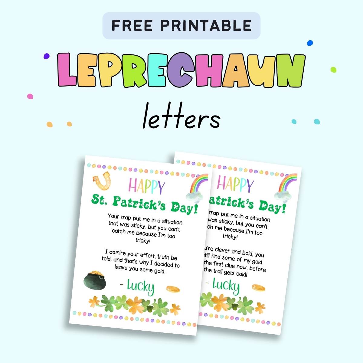 Text "free printable leprechaun letters" with a preview of two printable notes for a leprechaun trap