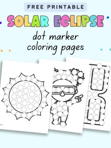 Text "free printable solar eclipse dot marker coloring pages" with a preview of three pages
