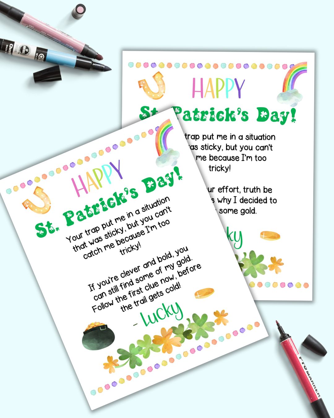 A preview of two pages of printable leprechaun trap signs for St. Patrick's Day