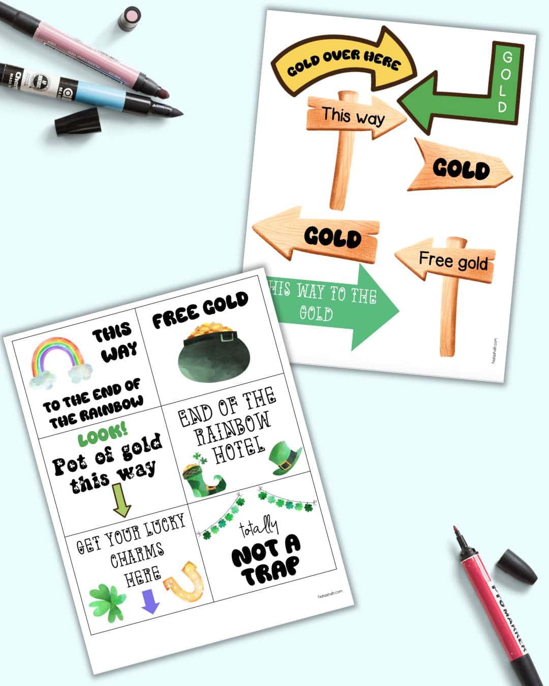 A preview of two pages of free printable signs for leprechaun traps